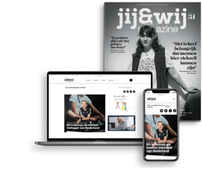 Afbeelding: een mockup van het papieren Jij&Wij Magazine en de digital versie